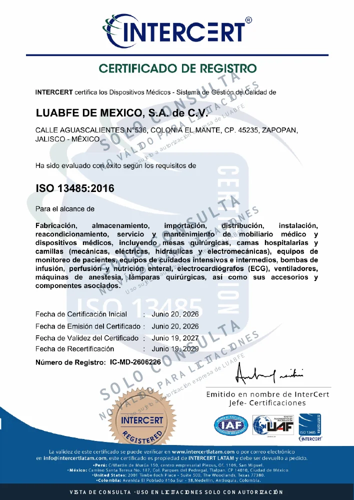 Vista de consulta del certificado ISO 13485:2016 de LUABFE, emitido por Intercert, con marcas de agua de restricción de uso